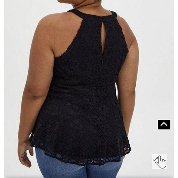 Torrid Women’s Plus 2x Black Lace Peplum Top High Neck Cutaway Shoulders NWT - Picture 2 of 12